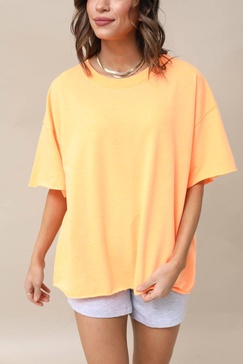 oversized raw edge top in neon coral