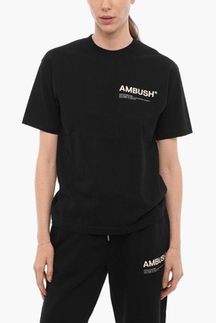 solid color crew-neck t-shirt with contrasting logo