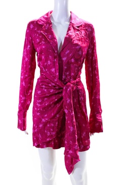 womens fuschia floral print v-neck tie front long sleeve shift dress