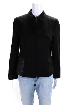 womens wool patchwork zipped long sleeve jacket black
