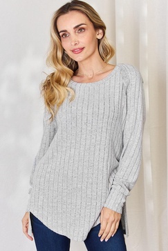 full size ribbed round neck slit t-shirt