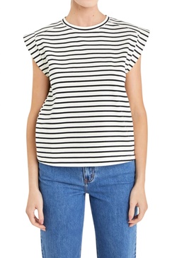 striped ribbed cotton sleeveless tee in white/black