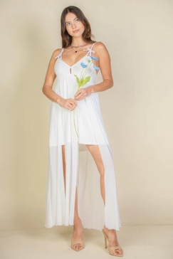 plunge neck split thigh mesh maxi dress