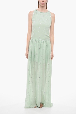 silk halterneck dress with lurex stars and front slit