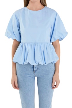 balloon sleeve poplin top in powder blue