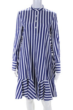 womens ruffle shirt dress navy/white