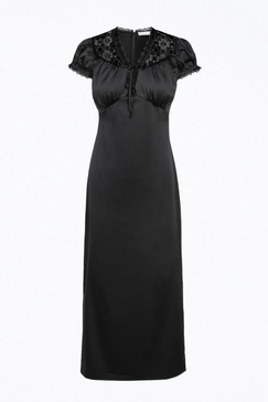 lace-trimmed satin midi dress in black
