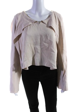 womens long sleeve crepe tie neck top blouse beige