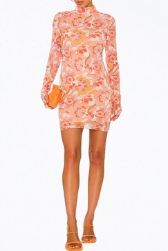 mari power mesh turtleneck mini dress in vintage coral floral