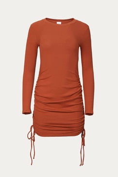 ruched ribbed stretch-modal mini dress in rust