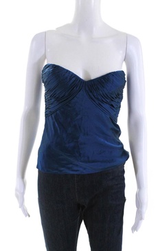 womens satin strapless bustier top blouse blue