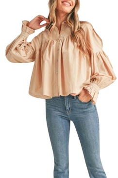 button down babydoll top in sand beige