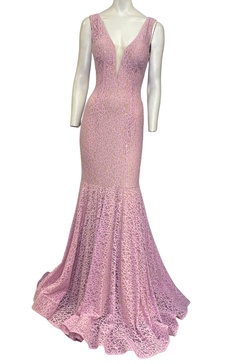 lace evening gown in lilac
