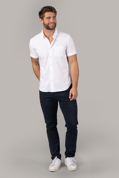 white with seer sucker stripe shirt