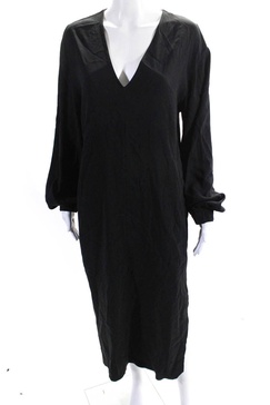 womens long sleeve v neck slit maxi dress black