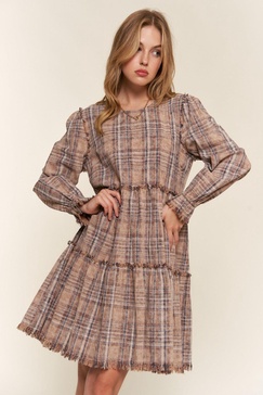 full size washed frayed tiered plaid dress