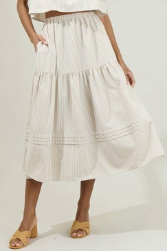 everlanes striped flores midi skirt in tan/white