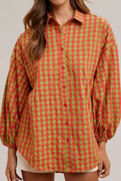 gingham button down top in pink/ green