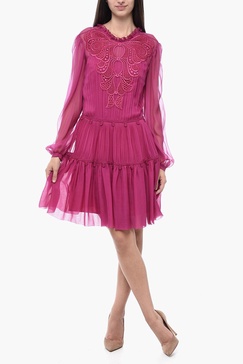 silk pleated dress with ton-sur-ton embroidery