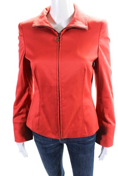 womens crew neck full zipper jacket coral orange cotton