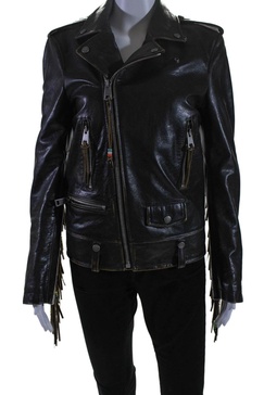 womens leather fringe trim long sleeves full zipper jacket black
