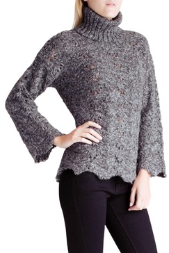 twisted fuzzy yarn long sleeve turtleneck sweater in grey