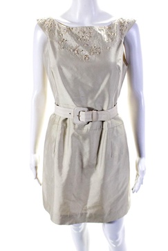 womens back zip beaded belted dress beige cotton