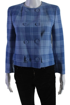 womens long sleeve double breasted crew neck plaid jacket blue wool