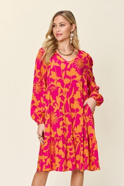 full size printed ruffle hem dress with pocket