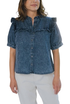 denim short sleeve shirt ruffle detail in blue