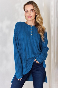 full size ribbed half button long sleeve high-low t-shirt