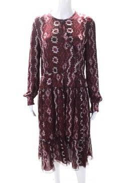 womens silk geometric print a line dress red purple