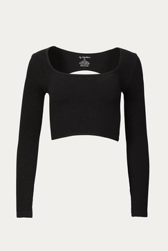 cropped open-back stretch-ribbed top in black