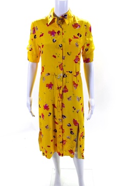 womens yellow floral silk tie front short sleeve shift dress
