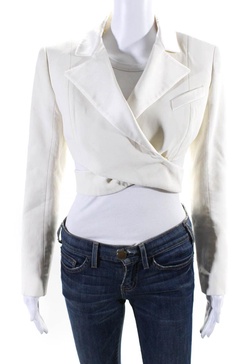womens wide lapel button closure cropped wrap blazer white