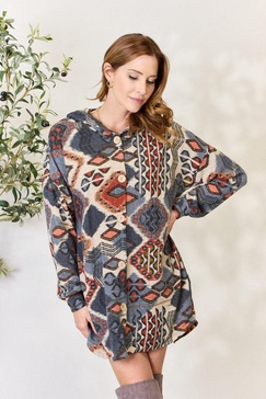 full size printed button up hooded jacket
