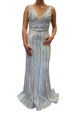 v neck multi color sequin gown in white/multi