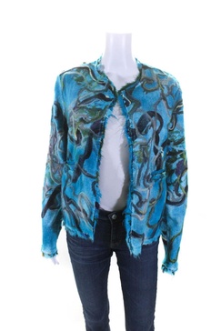 womens blue printed linen open front long sleeve jacket