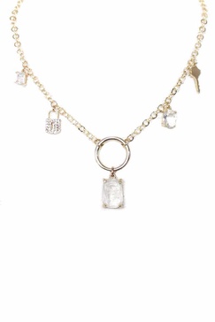 women's metal chain crystal stone lock and key dangle necklace