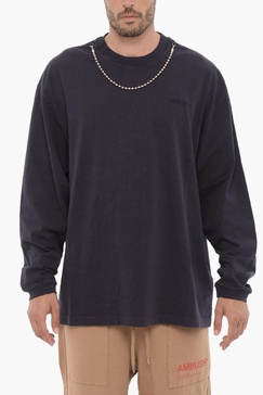 long sleeved crew-neck t-shirt with silver-tone chain