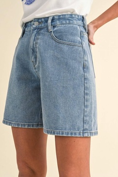 stretch high waist mom denim shorts in medium blue wash