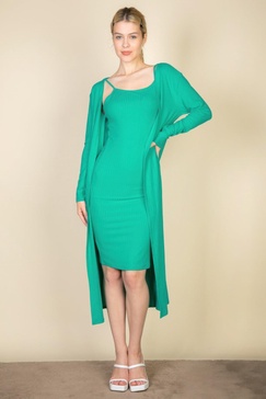 women's ribbed cardigan & cami midi bodycon dress