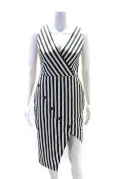 womens striped print button v-neck sleeveless midi dress white