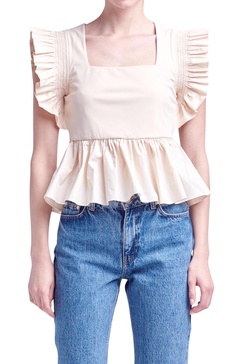 square neckline ruffled top in cream