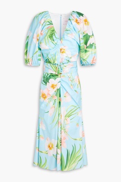 Puffed printed cotton-blend midi dress