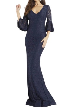 bell sleeves beaded lace dress in navy/nude