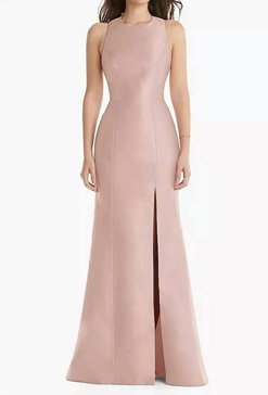 jewel neck bowed open-back trumpet dress with front slit in toasted sugar