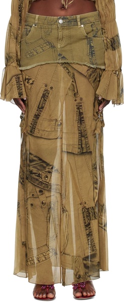 Khaki Cargo Denim Maxi Skirt