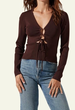nella lace-up rib sweater in brown