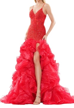 organza skirt long sequin prom dress in red